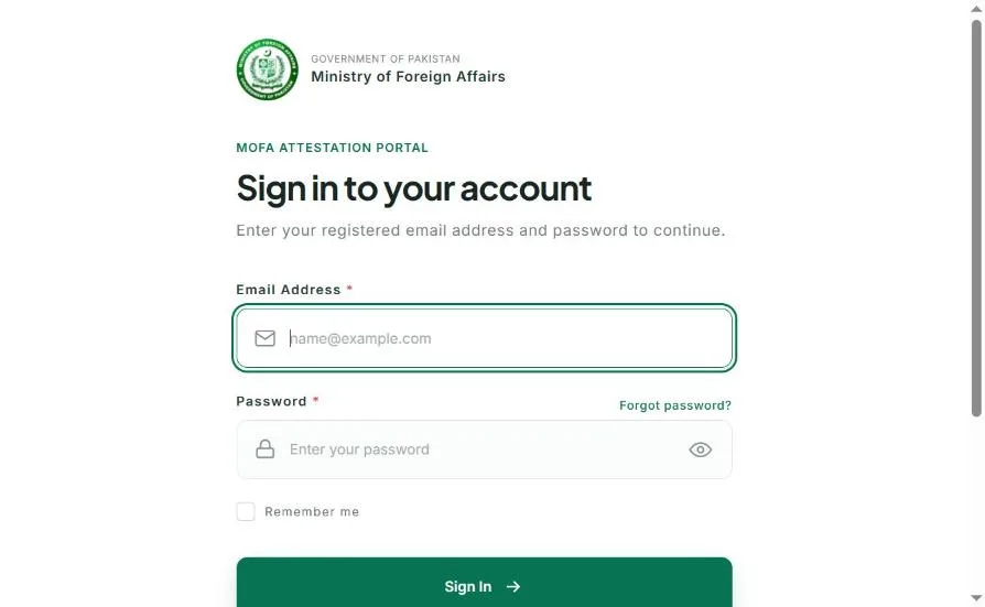 MOFA attestation portal sign-in page