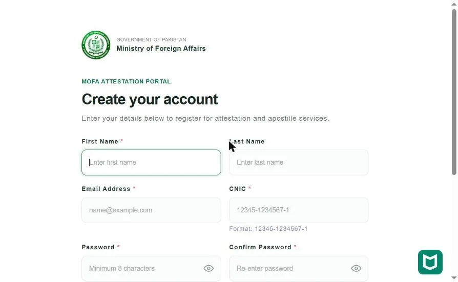 MOFA portal create account form